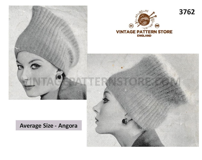 Ladies Womens 50s vintage angora cossack hat cap pdf knitting pattern Average Adult Size PDF download 3762