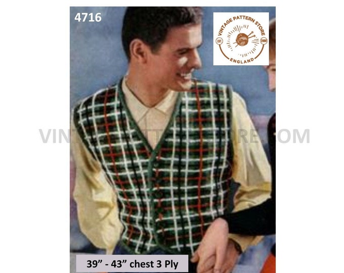 Mens Mans 50s vintage 3 ply V neck Scottish tartan sleeveless cardigan waistcoat pdf knitting pattern 39" to 43" Download 4716