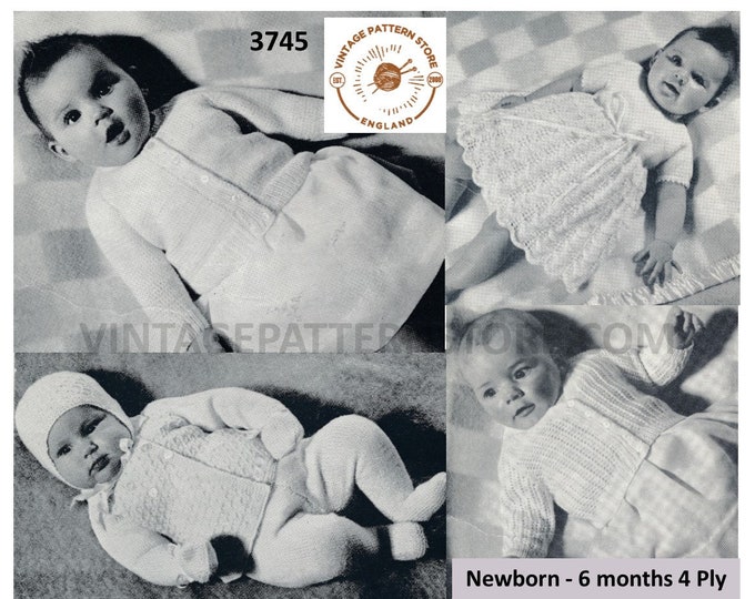 Newborn Baby Babies 50s vintage layette pram set plus lacy short sleeve dress & cardigan pdf knitting pattern 0 to 6 months Download 3745