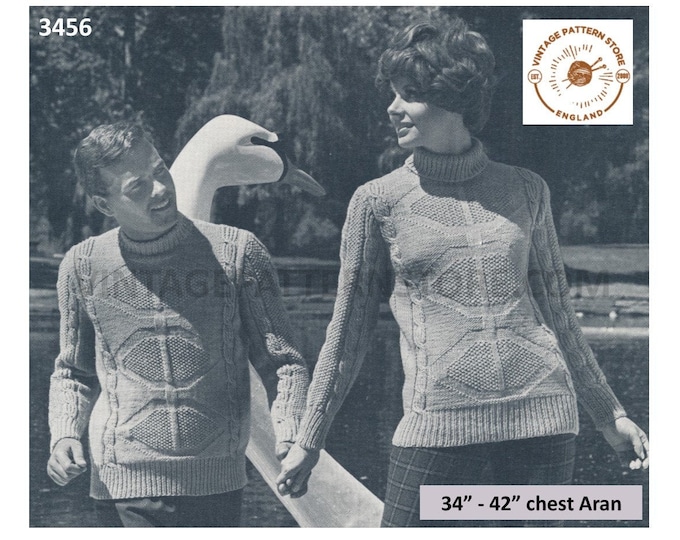 Ladies Womens Mens 60s vintage cable & texture polo neck turtleneck raglan sweater jumper pdf knitting pattern 34" to 44" PDF Download 3456