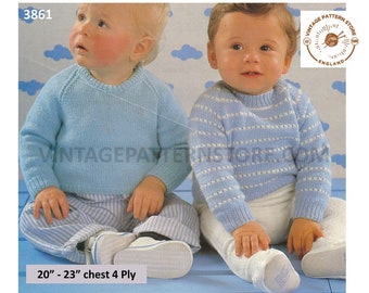 Baby Babies Toddlers 80s 4 ply easy to knit round neck plain & striped raglan sweater jumper pdf knitting pattern 20" to 23" Download 3861