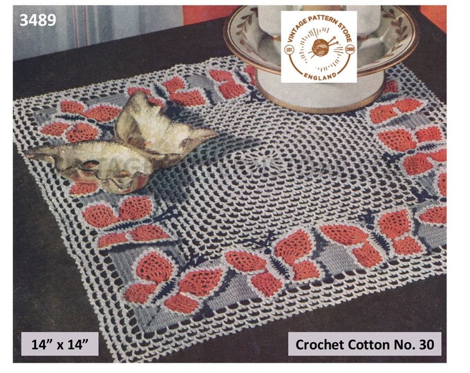 50s vintage butterflies butterfly square doily doilies table mat pdf crochet pattern crochet cotton No 30 instant PDF Download 3489