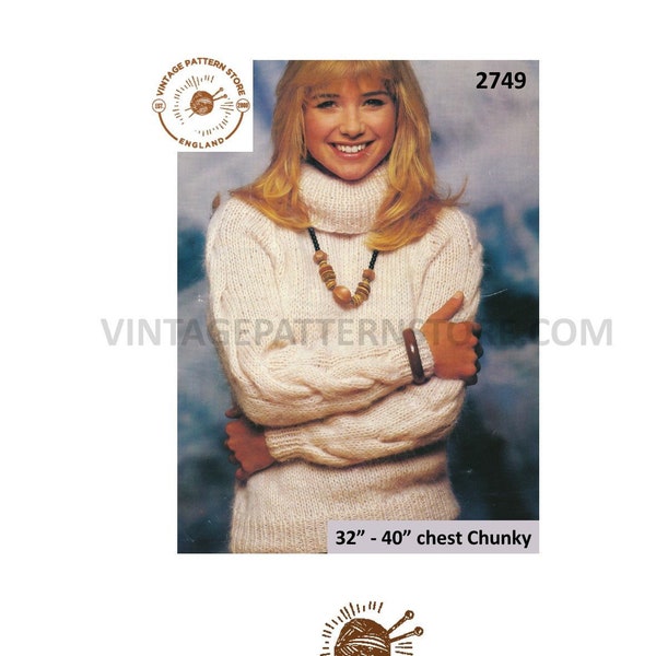 Ladies Womens 90s cowl neck chunky knit cable cabled dolman sweater jumper pdf knitting pattern 32" to 40" chest Instant PDF download 2749