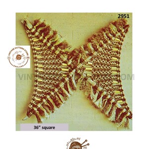 May include: A vintage, open-weave textile in brown, beige, and cream, with a fringed edge. The textile is approximately 36 inches square. The image includes the text "Vintage Pattern Store England" and "Vintagepatternstore.com".