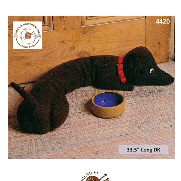 80s vintage DK easy to knit toy dachshund sausage dog draught excluder stopper pdf knitting pattern 33.5" Long Instant PDF Download 4420