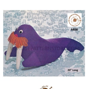 May include: A vintage sewing pattern for a purple walrus plush toy. The pattern is from Vintage Pattern Store, England, and the pattern number is 4408. The finished toy is 20 inches long.
