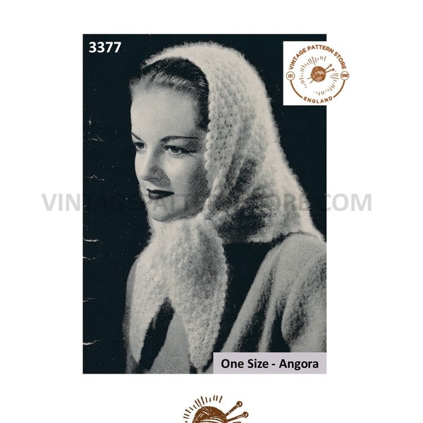 Ladies Womens 40s vintage picot edge angora fascinator head scarf pdf knitting pattern One Size Instant PDF Download 3377