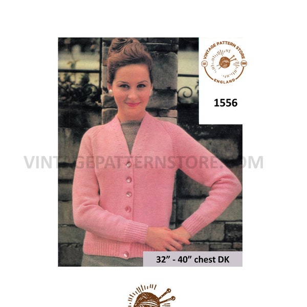 Ladies Womens 60s vintage DK quick simple easy to knit V neck raglan cardigan pdf knitting pattern 32" to 40" Instant PDF Download 1556