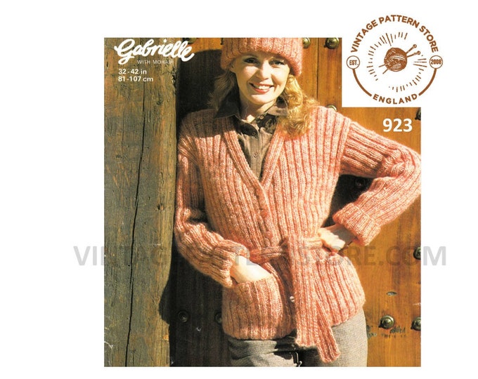 Ladies Womens 70s vintage chunky knit V neck ribbed rib belted raglan jacket and toque hat pdf knitting pattern 32" to 42" PDF download 923