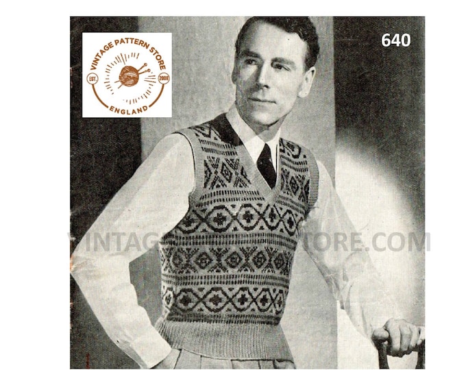 Mens Mans 30s vintage 3 ply V neck fair isle banded sleeveless sweater vest tank top pdf knitting pattern 38" chest Instant PDF download 640