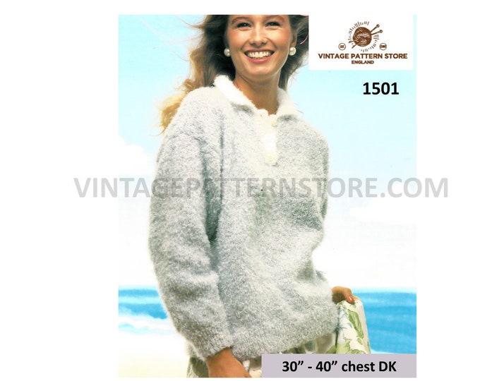 Ladies Womens 90s easy to knit shirt neck drop shoulder DK dolman sweater jumper pullover pdf knitting pattern 30" to 40" Download 1501