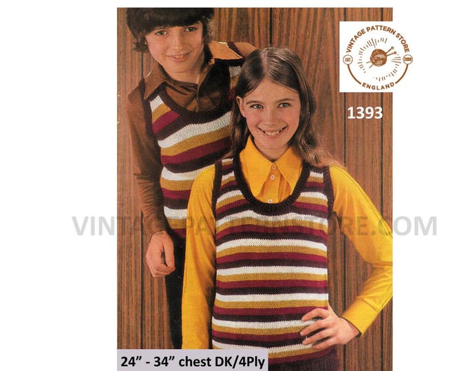 Boys Girls 70s vintage 4 ply or DK scoop neck striped slipover sweater vest tank top pdf knitting pattern 24" to 34" chest PDF Download 1393