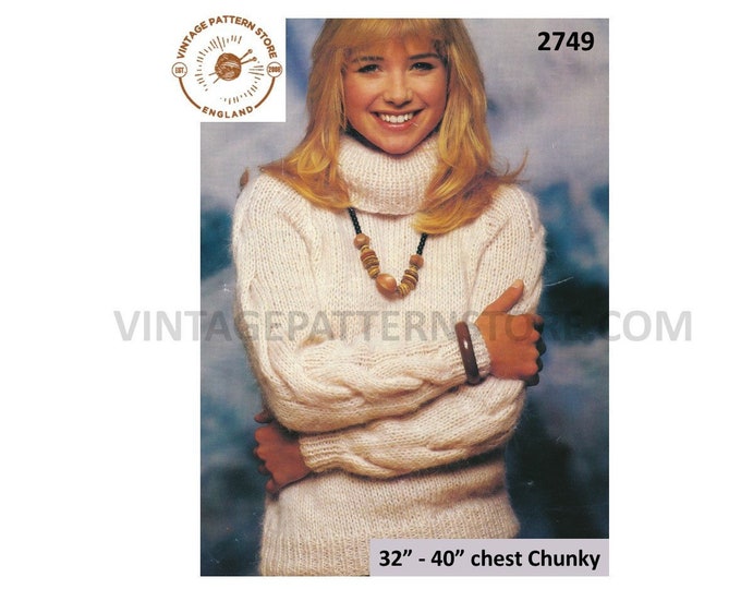 Ladies Womens 90s cowl neck chunky knit cable cabled dolman sweater jumper pdf knitting pattern 32" to 40" chest Instant PDF download 2749