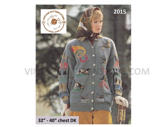 Ladies Womens 90s DK round neck long line drop shoulder intarsia dolman cardigan jacket pdf knitting pattern 32" to 40" PDF download 2015