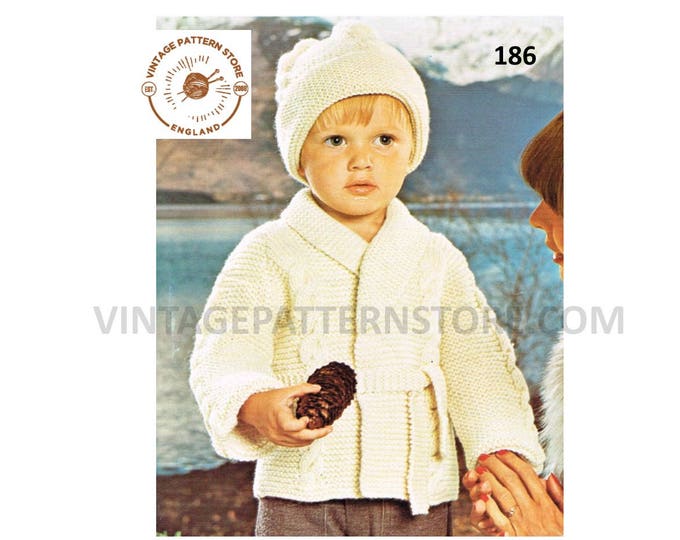 Boys Toddlers 70s vintage shawl collar belted cable cabled raglan aran jacket coat & hat pdf knitting pattern 20" to 24" PDF Download 186