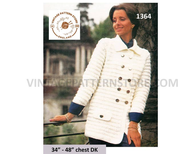 Ladies Womens 70s long line double breasted DK or chunky knit cable cabled raglan jacket coat pdf knitting pattern 34" to 48"  Download 1364