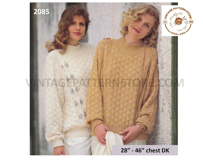 Ladies Womens 90s DK funnel neck cable and texture cabled raglan sweater jumper pdf knitting pattern 28" to 46" chest Instant Download 2085