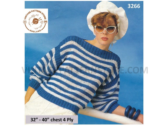 Ladies Womens 90s slash neck striped drop shoulder 4 ply dolman sweater jumper pdf knitting pattern 32" to 40" chest Instant Download 3266