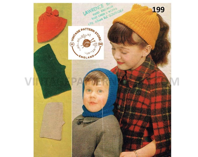 Boys Girls 70s vintage easy to knit DK balaclava and ponytail hat pdf knitting pattern ages 2 to 13 years Instant PDF Download 199