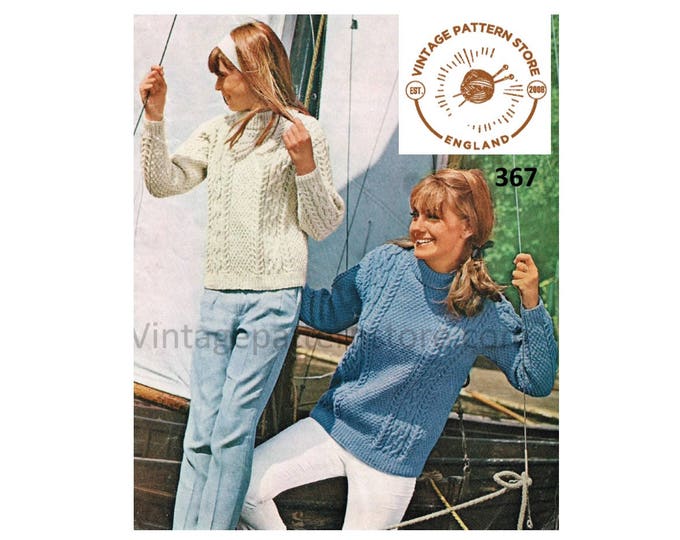 Ladies Womens Girls 80s vintage crew neck Celtic cabled cable aran raglan sweater jumper pdf knitting pattern 28" to 34" Download 367