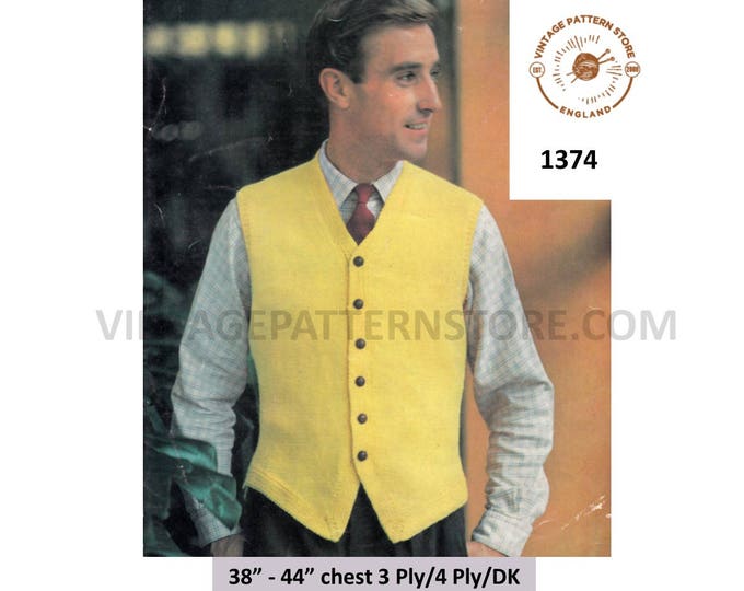 Mens Mans 60s vintage plain and simple quick & easy to knit V neck DK 3 ply or 4 ply waistcoat pdf knitting pattern 38" to 44" Download 1374