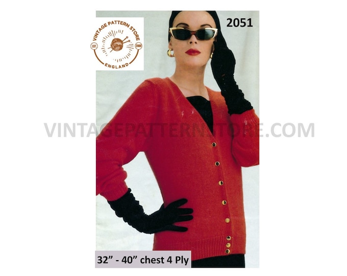 Ladies Womens 90s quick and easy to knit V neck 4 ply raglan cardigan pdf knitting pattern 32" to 42" chest Instant PDF download 2051