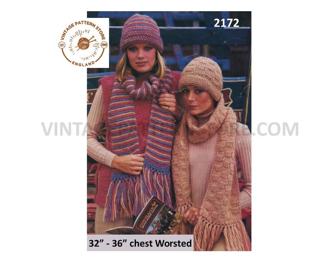 Ladies Womens 70s basket or garter stitch worsted hat scarf and round neck tabard sweater pdf knitting pattern 32" to 36" PDF download 2172