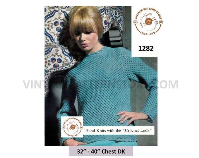 Ladies Womens 70s vintage DK round neck picot lace raglan sweater jumper pdf knitting pattern 32" to 40" chest Instant PDF download 1282