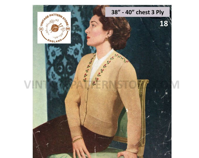 Ladies Womens 50s vintage V neck floral fair isle edged 3 ply raglan cardigan pdf knitting pattern 38" to 40" chest Instant PDF Download 18