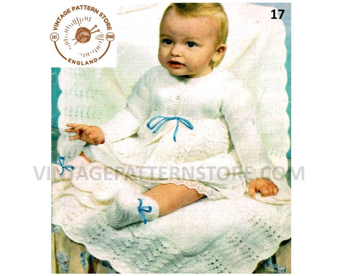 Baby Babies 70s vintage DK pram set picot edge lace lacy shawl matinee coat jacket & bootees pdf knitting pattern 18" to 21" Download 17