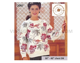 Ladies Womens 90s grapevine and birds drop shoulder DK intarsia dolman sweater jumper pdf knitting pattern 30" to 40" instant download 2087