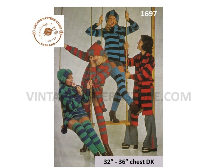 Ladies Womens Mens easy to knit 70s striped shirt neck sweater scarf leg warmers and hat pdf knitting pattern 32" to 36" chest Download 1697