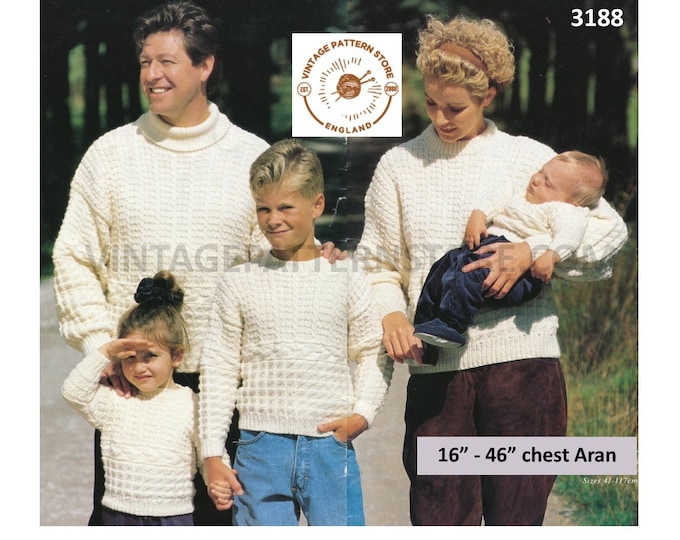 Womens Mens Boys Girls 90s polo or crew neck cabled drop shoulder dolman Guernesy aran sweater pdf knitting pattern 16" to 46" Download 3188