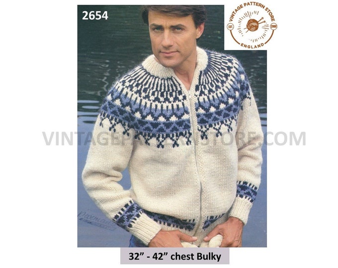 Mens Mans 80s vintage chunky knit fair isle yoke yoked crew neck zipped raglan jacket pdf knitting pattern 32" to 42" chest download 2654