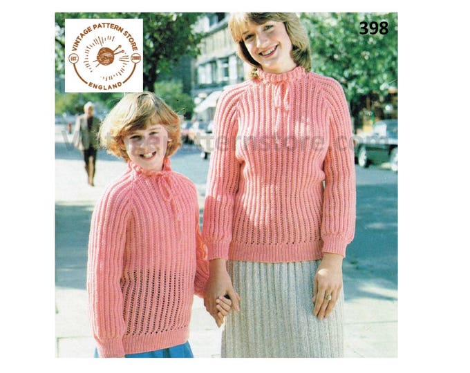 Ladies Girls 80s vintage easy to knit round neck ribbed raglan DK sweater jumper pdf knitting pattern 26" to 44" chest PDF Download 398