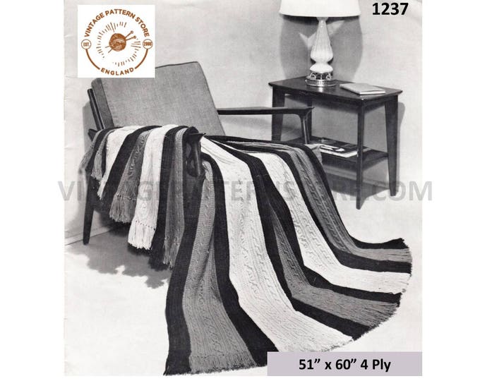 50s vintage 4 ply striped and cabled cable afghan throw pdf knitting pattern 51" by 60" Instant PDF download 1237