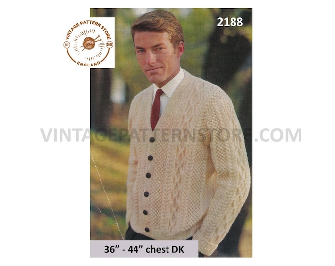 Mens Mans 70s vintage V neck button through cable cabled raglan DK cardigan pdf knitting pattern 36" to 44" chest Instant PDF download 2188