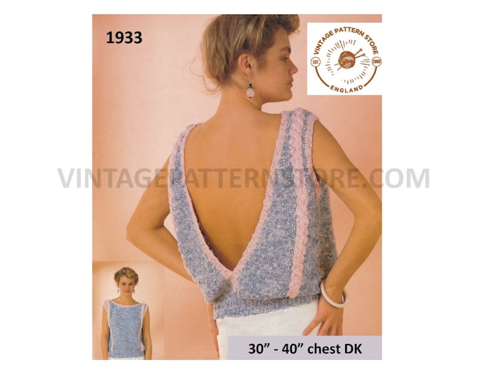 Ladies Womens 90s DK boat neck backless cable cabled slipover sweater vest Summer top pdf knitting pattern 30" to 40" bust PDF download 1933
