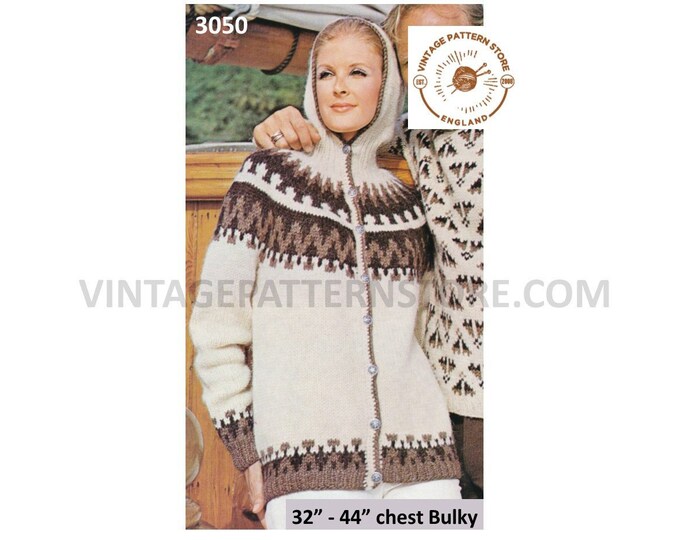 Ladies Womens 80s vintage bulky knit fair isle yoke yoked raglan hoodie jacket pdf knitting pattern 30" to 44" Instant PDF Download 3050