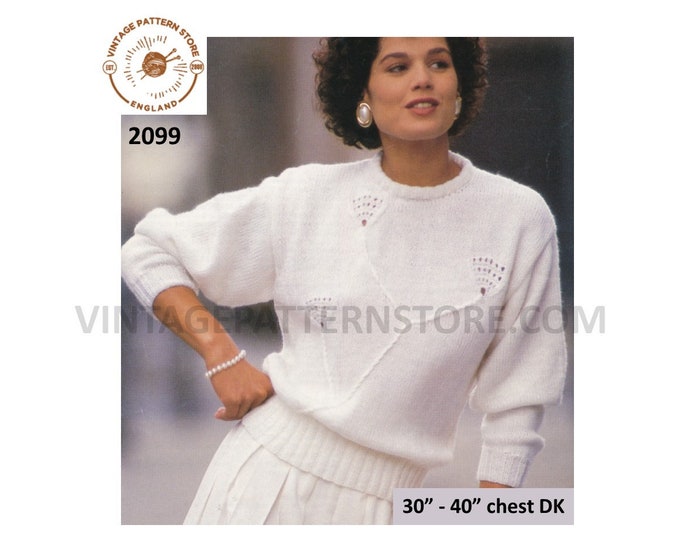 Ladies Womens 90s round neck floral lace drop shoulder lacy DK dolman sweater jumper pdf knitting pattern 30" to 40" chest PDF Download 2099