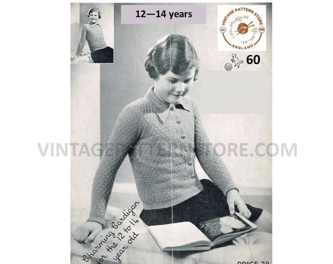 Girls 30s vintage 3 ply round neck collared textured raglan cardigan pdf knitting pattern 26" chest Instant PDF Download 60