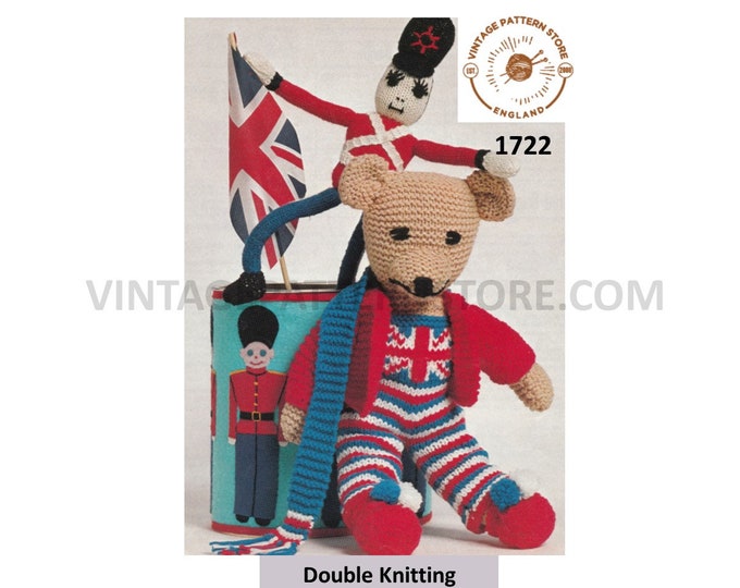 British Union Jack DK Teddy Bear & Buckingham Palace guardsman Queens Silver Jubilee toy pdf knitting pattern Instant PDF download 1722