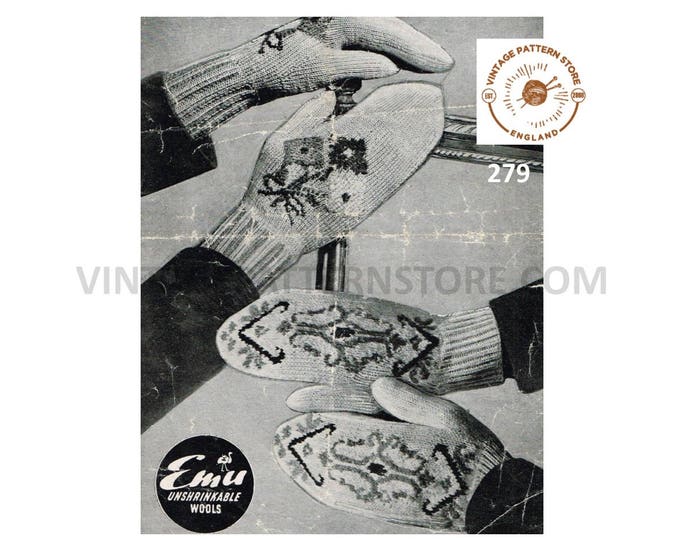 Ladies Womens 40s vintage 3 ply floral intarsia and fair isle mittens pdf knitting pattern 7.5" palm size Instant PDF Download 279