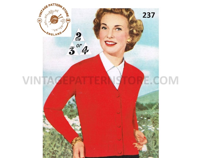 Ladies Womens 50s V neck easy to knit 2 ply 3 ply and 4 ply raglan cardigan pdf knitting pattern 34" to 36" chest Instant PDF download 237