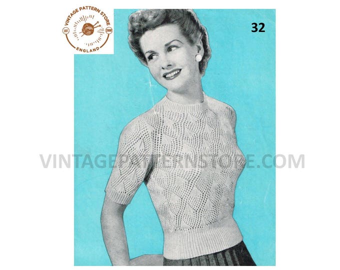 Ladies Womens 50s vintage 3 ply round neck lacy short sleeve Summer sweater jumper blouse pdf knitting pattern 35" to 37" chest Download 32
