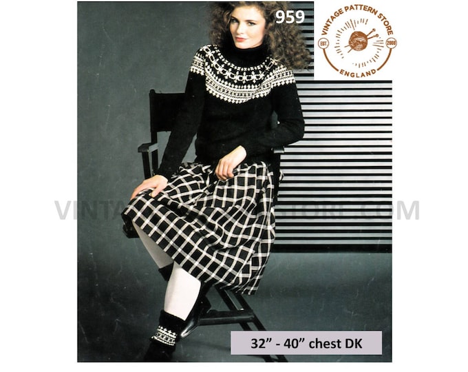 Ladies Womens 80s vintage polo neck fair isle yoke yoked DK raglan sweater jumper & socks pdf knitting pattern 32" to 40" chest download 959