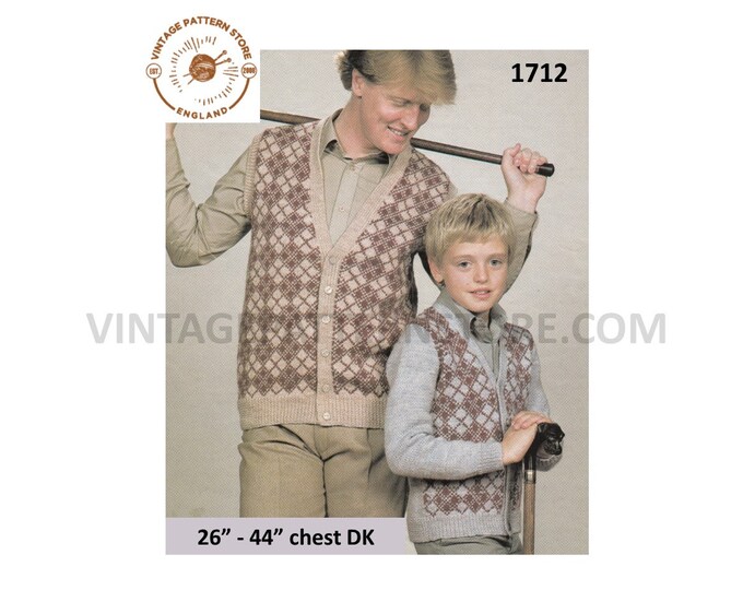 Mens Mans Boys 80s vintage V neck diamond check raglan DK cardigan and waistcoat pdf knitting pattern 26" to 44" chest PDF download 1712