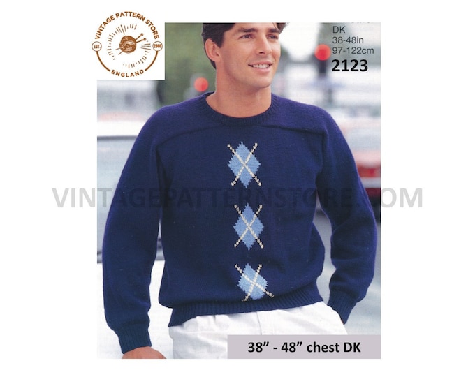 Mens Mans 90s round neck diamond panel saddle shoulder raglan DK sweater jumper pdf knitting pattern 38" to 48" Instant PDF Download 2123