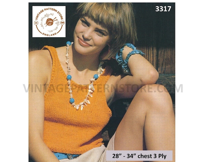 Ladies Womens 80s vintage 3 ply scoop neck strappy slipover summer top sweater vest pdf knitting pattern 28" to 34" Instant Download 3317