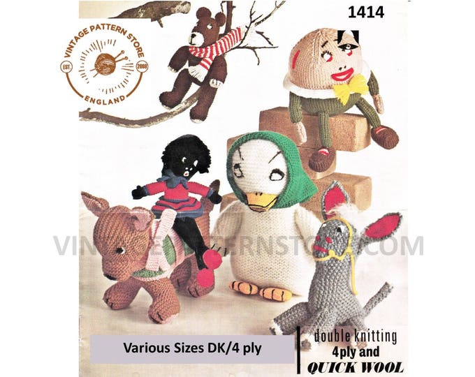 70s vintage DK & 4 ply cuddly toy duck donkey doll dog puppy humpty dumpty and teddy bear pdf knitting pattern Instant PDF download 1414
